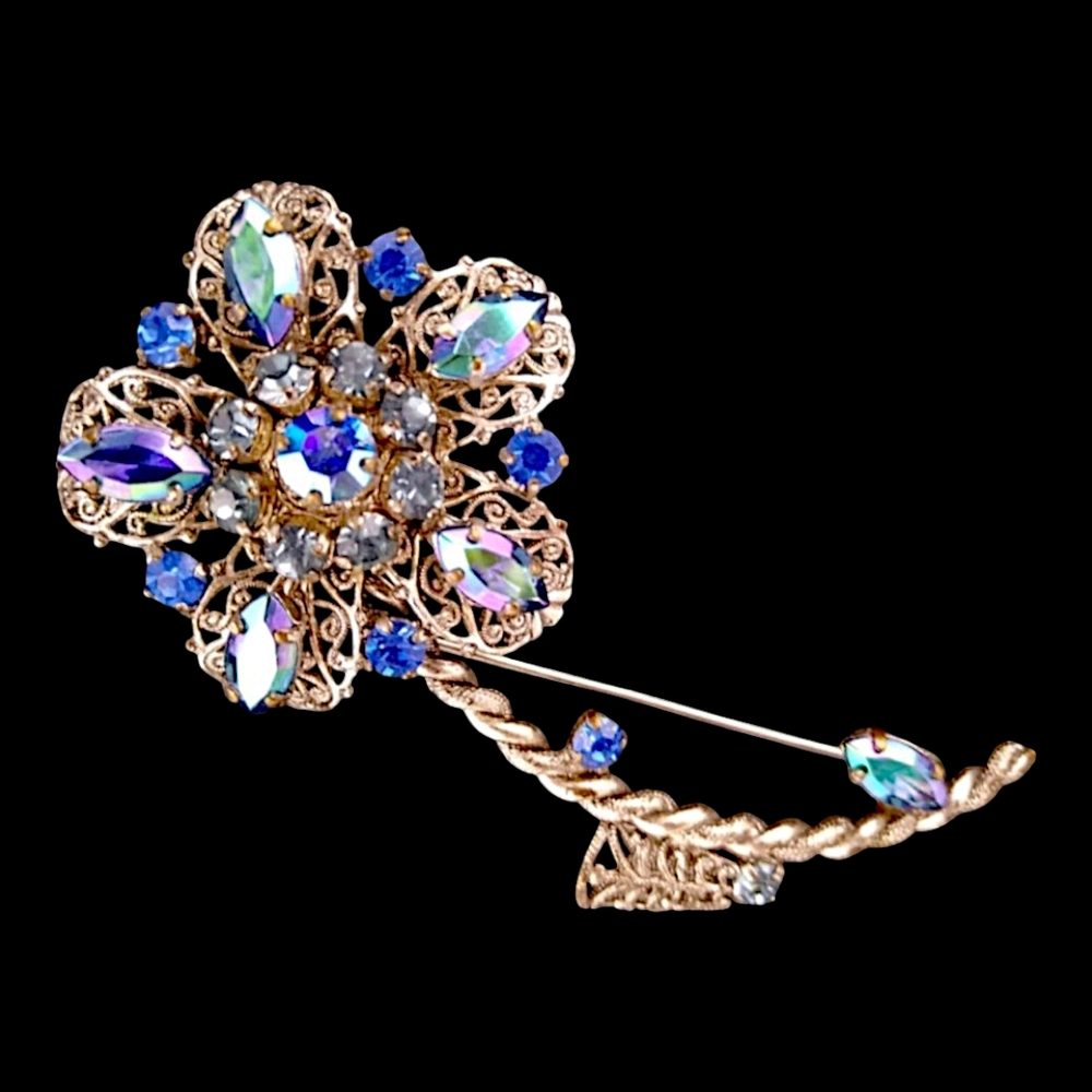 West Germany Brooch, Peacock Blue AB and Blue Rhinestones Flower Brooch